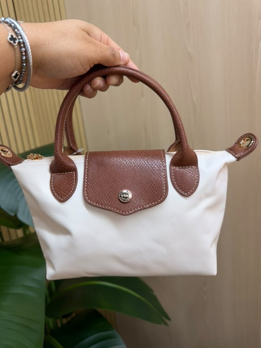 Ivory Small Nylon Tote Bag with Vegan Leather Trim
